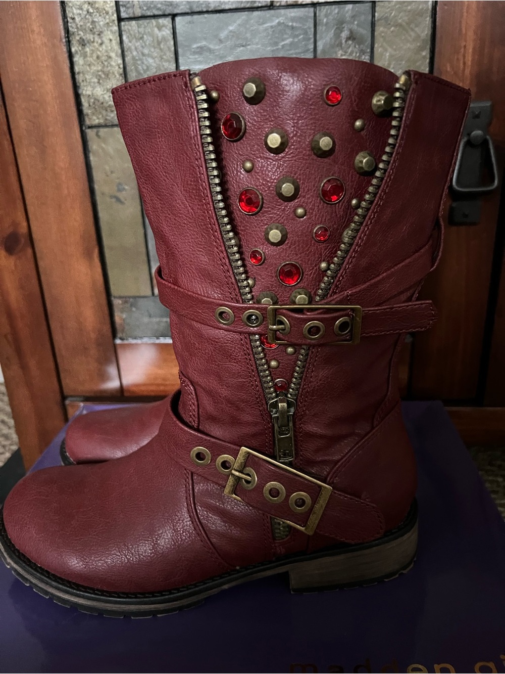 Madden Girl Burgundy Mid-Calf Studded Zipper Boots